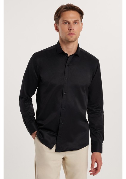 Modern Slim Fit Uzun Kollu Düz Saten Pamuklu Erkek Siyah Gömlek