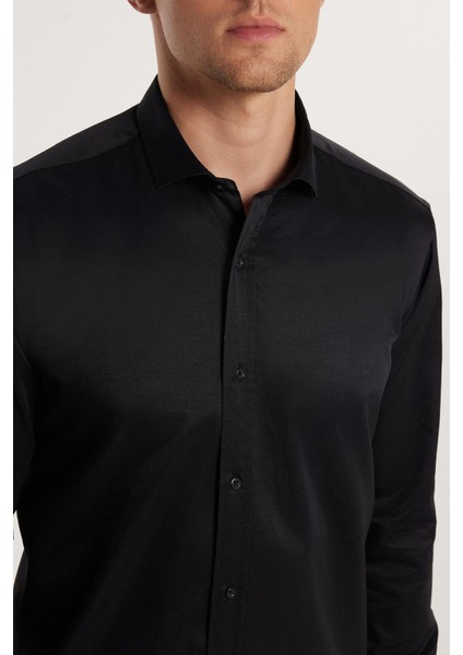 Modern Slim Fit Uzun Kollu Düz Saten Pamuklu Erkek Siyah Gömlek modelleri
