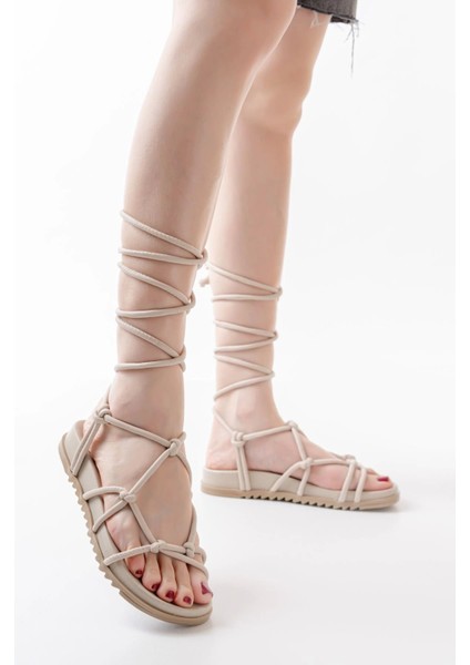 1001-1001 Bej Bilekten Bağcıklı Kadın Sandalet
