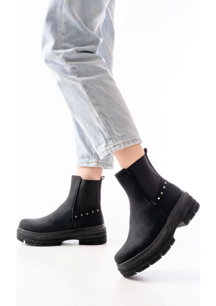 749-2005 Siyah Zümrüt Düz Topuklu Lastikli Günlük Kadın Bot fiyatları