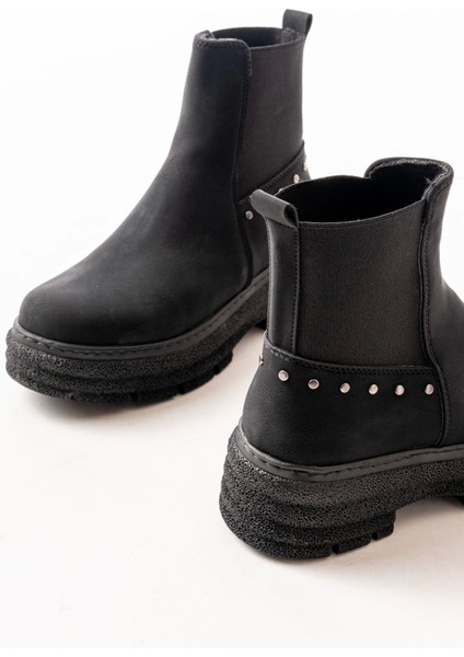 749-2005 Siyah Zümrüt Düz Topuklu Lastikli Günlük Kadın Bot modelleri