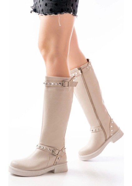 02-307 Bej Düz Topuklu Günlük Bayan Binici Çizme