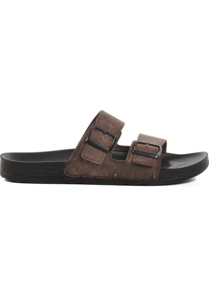 Kahve Çift Bantlı Hafif Deri Erkek Terlik PC-7038 M
