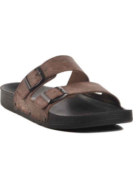Kahve Çift Bantlı Hafif Deri Erkek Terlik PC-7038 M modelleri