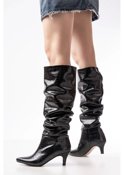 SR-2001 Siyah Kroko Ince Topuklu Günlük Bayan Çizme fiyatları