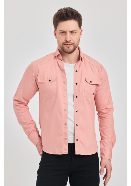 Slim Fit Erkek Dar Kesim Pamuklu Çıçıtlı Kot Gömlek