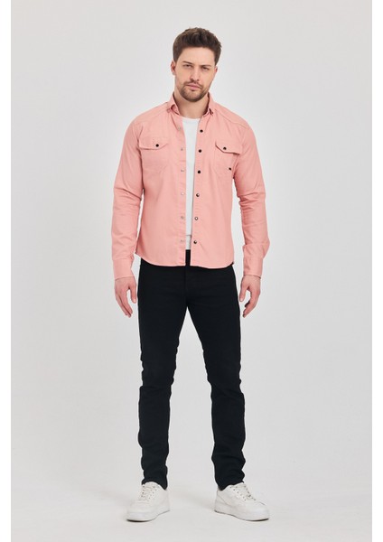 Slim Fit Erkek Dar Kesim Pamuklu Çıçıtlı Kot Gömlek