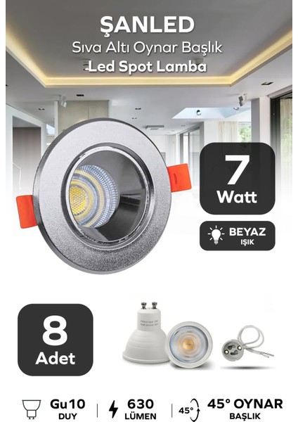 7W Sıva Altı Oynar Başlık GU10 Yuvarlak Krom Kasa Beyaz Işık LED Spot Lamba -8 Adet