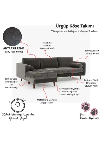 Ürgüp Modern L Köşe Koltuk Takımı Sol Köşe