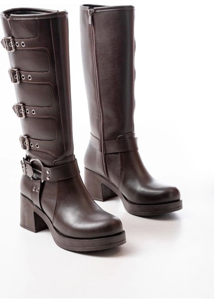 5109-3015 Kahverengi Topuklu Fermuarlı Toka Aksesuarlı Günlük Kadın Çizme fırsatları