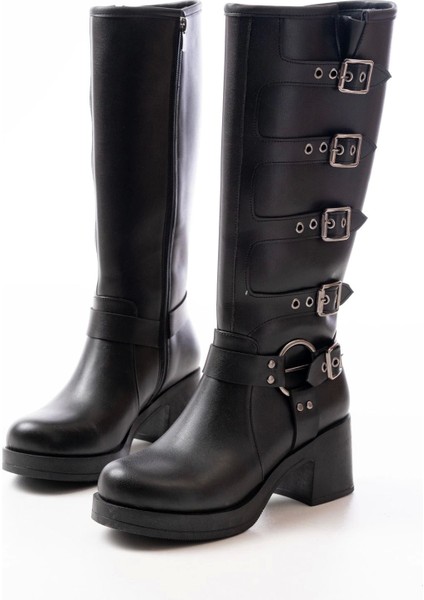 5109-3015 Siyah Topuklu Fermuarlı Toka Aksesuarlı Günlük Kadın Çizme fiyatları