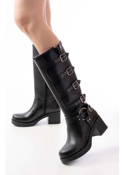 5109-3015 Siyah Topuklu Fermuarlı Toka Aksesuarlı Günlük Kadın Çizme indirimleri
