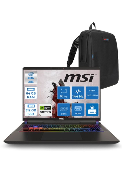 Msı Vector 16 Intel Core Ultra 7 255HX 64GB 512GB SSD RTX5070TI 12GB Tdp 140W Gddr7 Freedos 16" Fhd+ 144Hz Taşınabilir Bilgisayar A2XWHG091XTRF26 + Zetta Çanta
