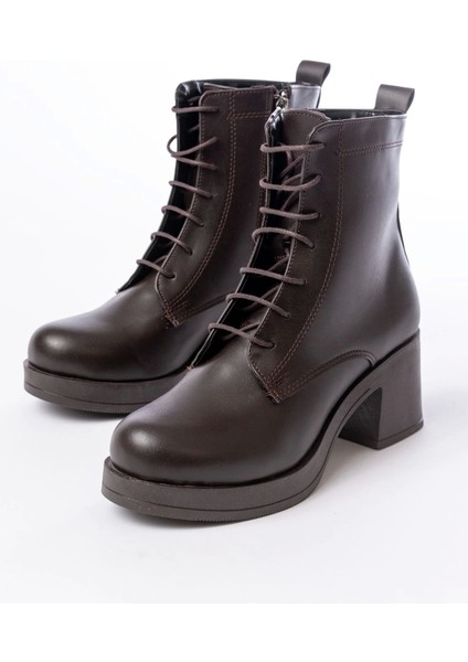 5109-3025 Kahverengi Bağcıklı Fermuarlı Kalın Topuklu Günlük Kadın Bot modelleri