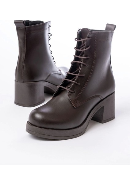 5109-3025 Kahverengi Bağcıklı Fermuarlı Kalın Topuklu Günlük Kadın Bot fırsatları