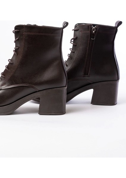 5109-3025 Kahverengi Bağcıklı Fermuarlı Kalın Topuklu Günlük Kadın Bot indirimleri
