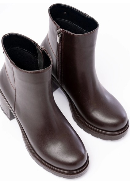 767-3020 Kahverengi Fermuarlı Kalın Topuklu Günlük Kadın Bot modelleri