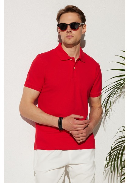 Erkek Slim Fit Dar Kesim %100 Pamuk Kırmızı Polo Yaka Tişört