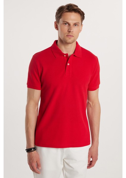 Erkek Slim Fit Dar Kesim %100 Pamuk Kırmızı Polo Yaka Tişört fırsatları