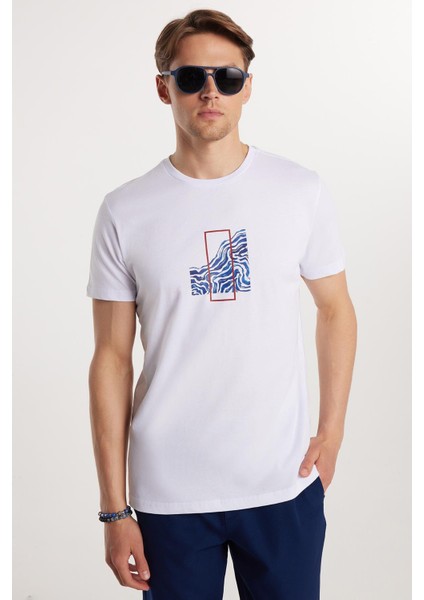 Erkek Slim Fit Dar Kesim %100 Pamuk Yumuşak Dokulu Baskılı Beyaz Bisiklet Yaka Tişört fiyatları