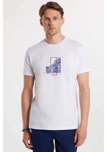 Erkek Slim Fit Dar Kesim %100 Pamuk Yumuşak Dokulu Baskılı Beyaz Bisiklet Yaka Tişört fırsatları