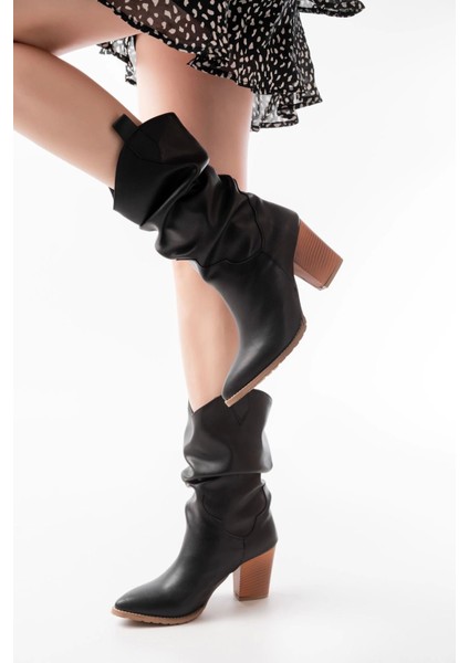 LS-1860 Siyah Körüklü Kalın Topuklu Günlük Kadın Bot