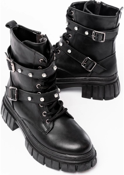 842-03 Siyah Bağcıklı Kalın Tabanlı Bağcıklı Fermuarlı Günlük Kadın Bot fırsatları