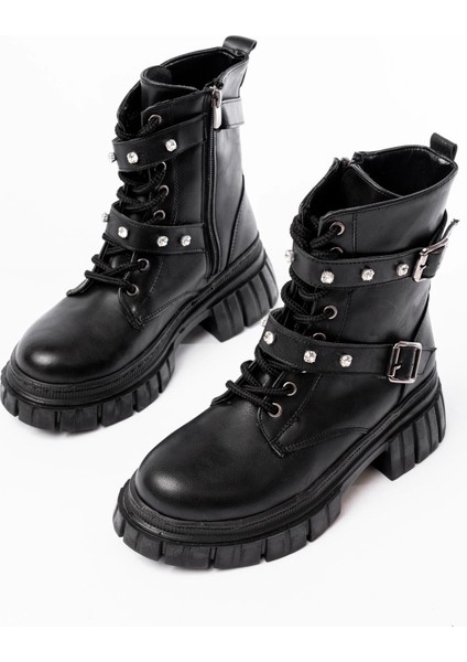 842-03 Siyah Bağcıklı Kalın Tabanlı Bağcıklı Fermuarlı Günlük Kadın Bot indirimleri