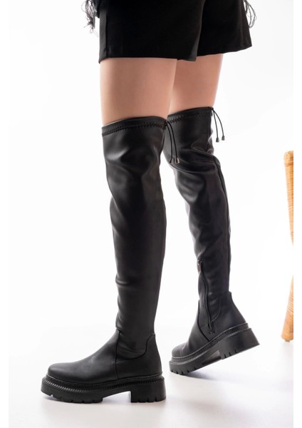 236-2194 Siyah Streç Diz Üstü Fermuarlı Günlük Kadın Çizme modelleri