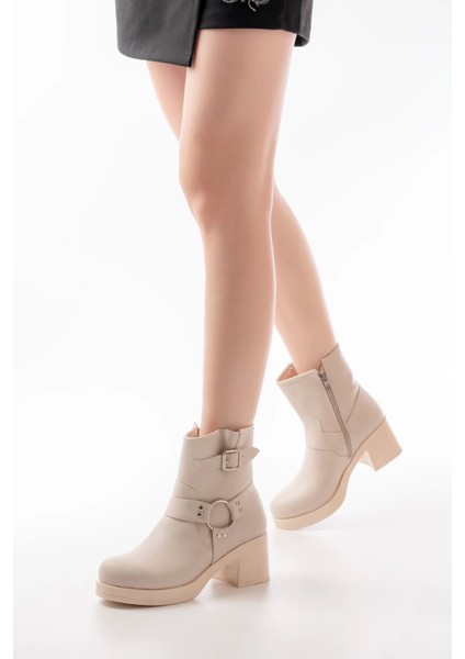 5109-3042 Bej Toka Aksesuarlı Fermuarlı Kalın Topuklu Günlük Kadın Bot fiyatları