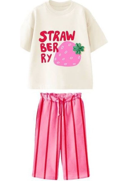 Çilek Strawberry Baskılı Tshirt ve Çizgili Desenli Müslin Pantolonlu Kızçocuk Takım