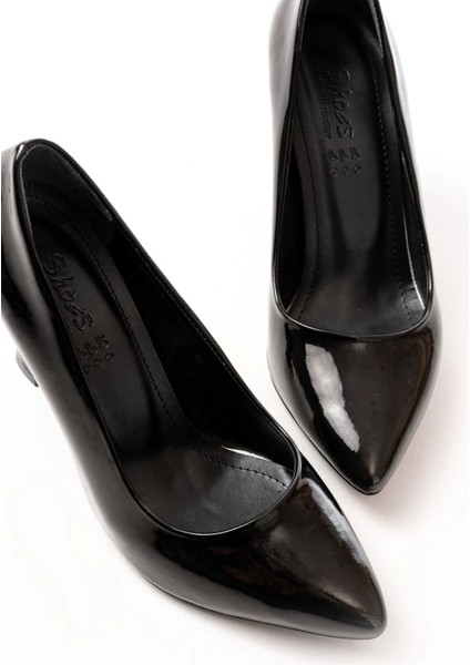 ST-001 Siyah Rugan Günlük 9 cm Topuklu Bayan Stiletto Ayakkabı indirimleri