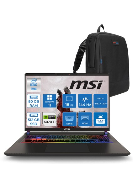 Msı Vector 16 Intel Core Ultra 7 255HX 80GB 512GB SSD RTX5070TI 12GB Tdp 140W Gddr7 Windows 11 Pro 16" Fhd+ 144Hz Taşınabilir Bilgisayar A2XWHG091XTRP31 + Zetta Çanta