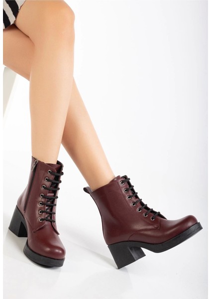 5109-3025 Bordo Bağcıklı Fermuarlı Kalın Topuklu Günlük Kadın Bot fiyatları