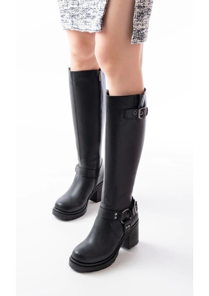 767-3005 Siyah Toka Aksesuarlı Fermuarlı Günlük Kalın Topuklu Kadın Bot modelleri