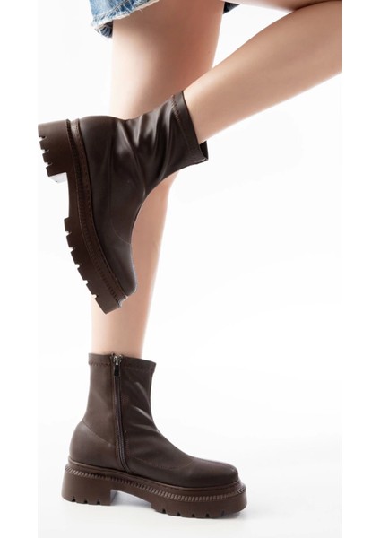 236-2011 Kahve Streç Fermuarlı Günlük Kadın Bot fiyatları