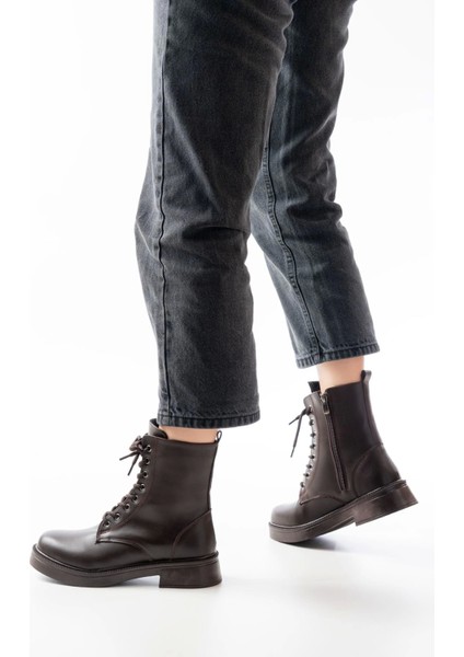 02-356 Kahve Düz Topuklu Bağcıklı Fermuarlı Günlük Kadın Bot fiyatları