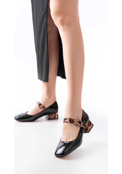 ST-006 Siyah Leopar Rugan Günlük 4 cm Topuklu Bayan Ayakkabı