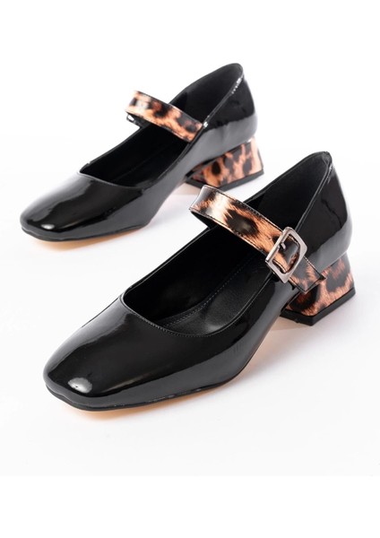 ST-006 Siyah Leopar Rugan Günlük 4 cm Topuklu Bayan Ayakkabı