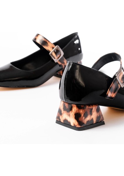 ST-006 Siyah Leopar Rugan Günlük 4 cm Topuklu Bayan Ayakkabı