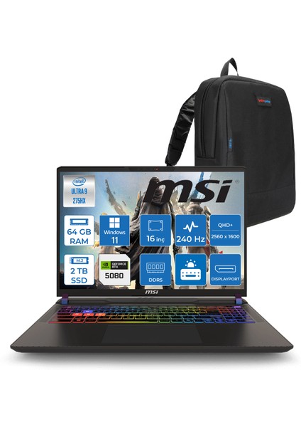 Msı Vector 16 Intel Core Ultra 9 275HX 64GB 2tb SSD RTX5080 16GB Tdp 175W Gddr7 Windows 11 Pro 16" Qhd+ 240Hz Taşınabilir Bilgisayar A2XWIG090XTRP28 + Zetta Çanta