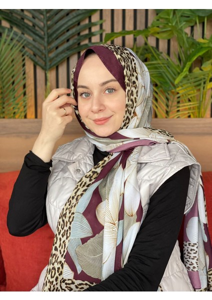 Mürdüm Premium Leopar Yaprak Desen Şal