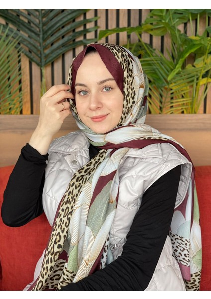 Koyu Bordo Premium Leopar Yaprak Desen Şal