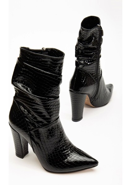 VRT-4815 Siyah Kroko Yüksek Kalın Topuklu Körüklü Fermuarlı Kadın Bot modelleri