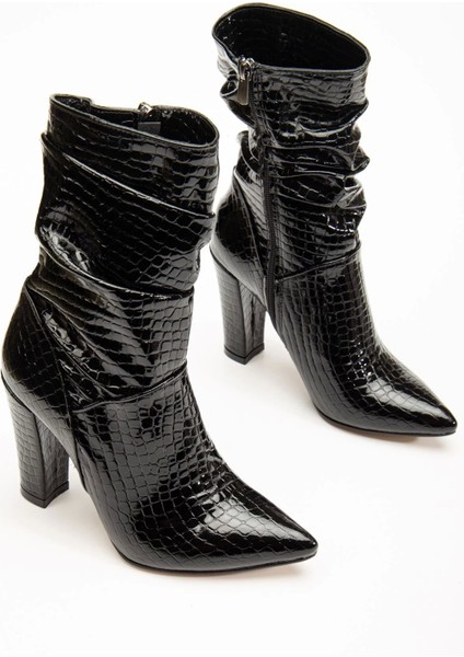 VRT-4815 Siyah Kroko Yüksek Kalın Topuklu Körüklü Fermuarlı Kadın Bot indirimleri