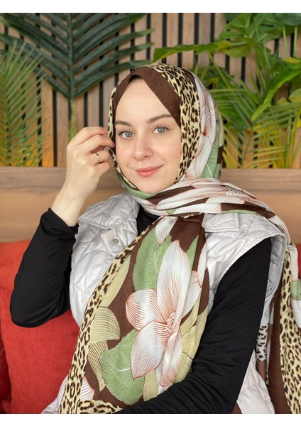 Çikolota-Kahve Cardion Premium Leopar Yaprak Desen Şal