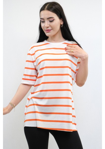 Çizgili Penye Tshirt Turuncu