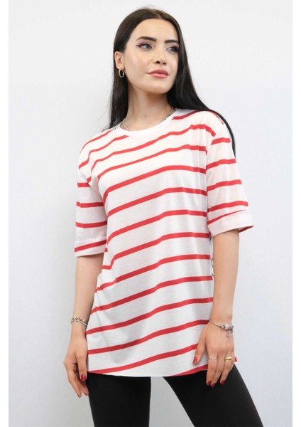 Çizgili Penye Tshirt Kırmızı