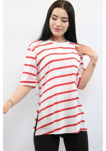 Çizgili Penye Tshirt Kırmızı