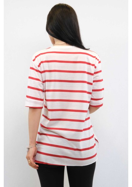 Çizgili Penye Tshirt Kırmızı